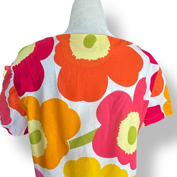 Handmade Mod Floral Square Neck Cotton Top OOAK Pink Orange Yellow Short Sleeve - Picture 6 of 9